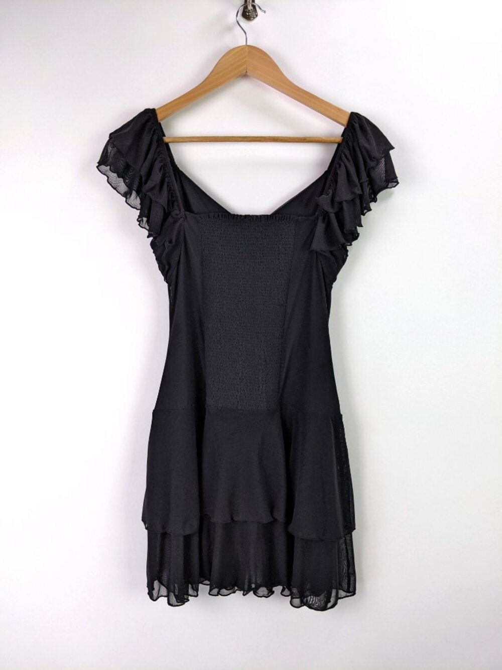 Womens Mesh Ruffle Mini Dress Flutter Sleeve  Fit & Flare Party in Black Size S - Picture 3 of 4